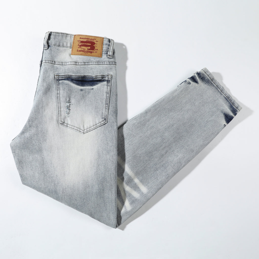 Men’s Light Wash Ripped Jeans – Slim Straight Distressed Denim Pants with Vintage Whisker Detail