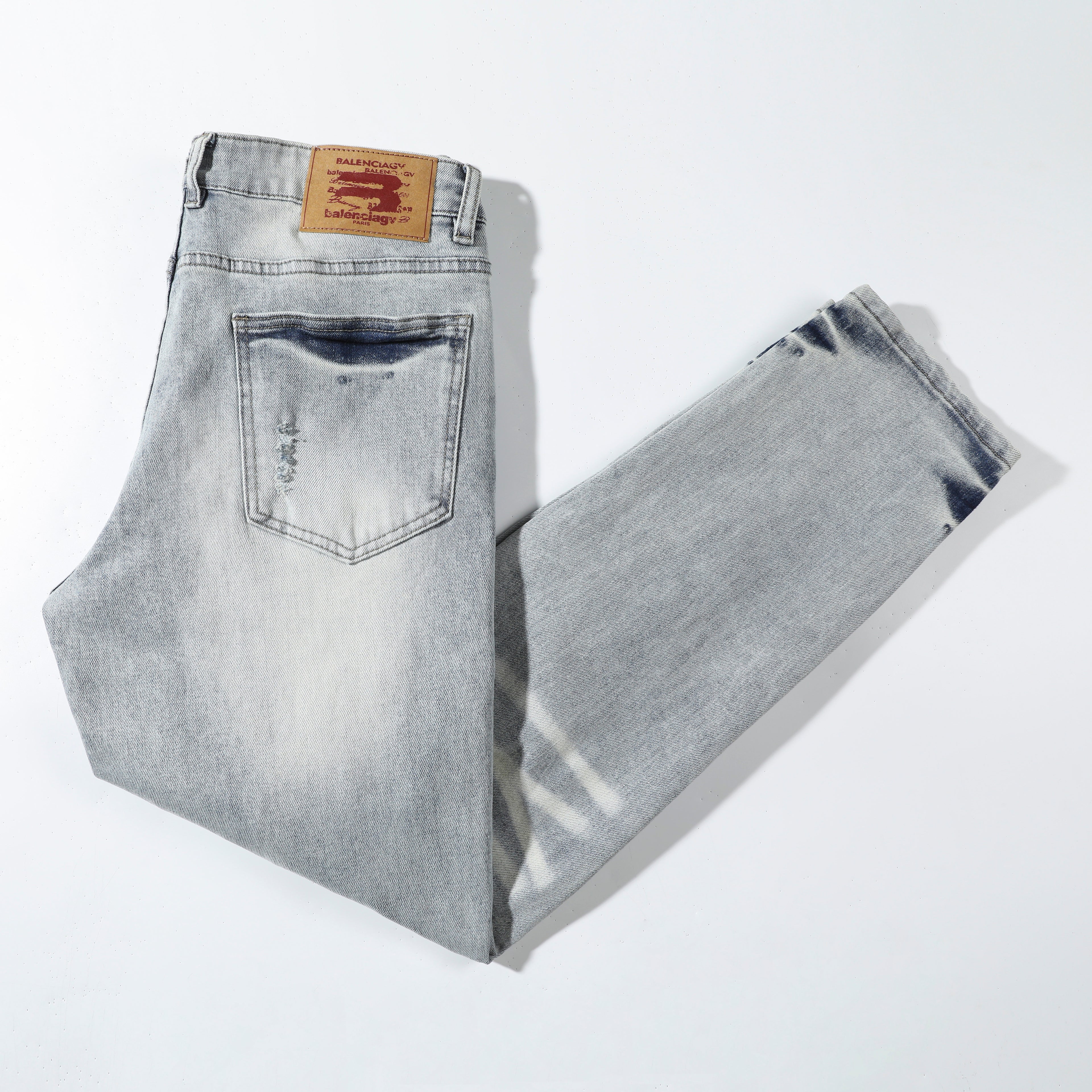 Men’s Light Wash Ripped Jeans – Slim Straight Distressed Denim Pants with Vintage Whisker Detail