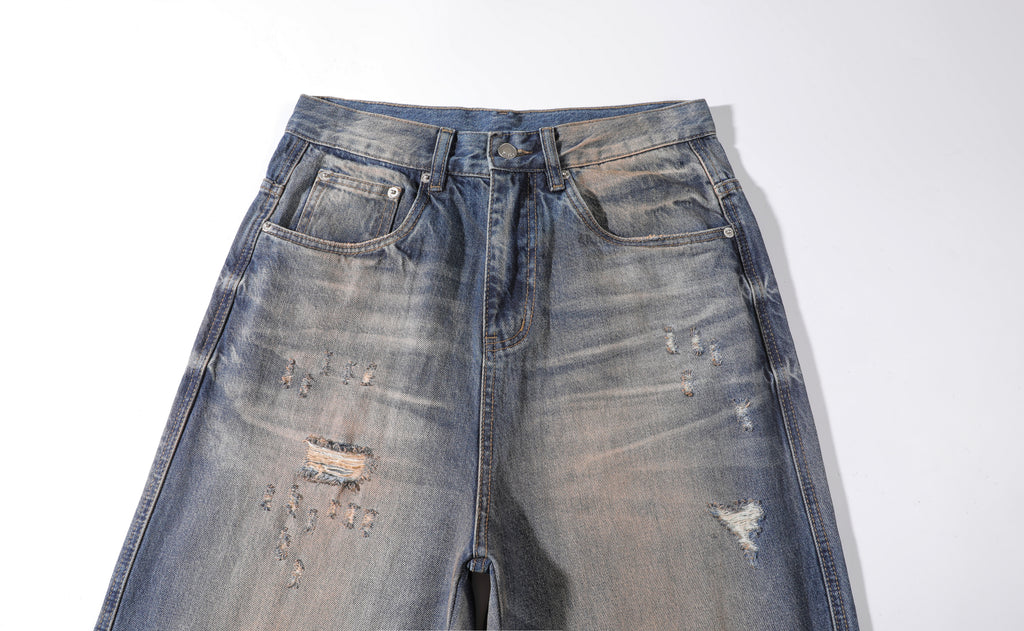 Men's Baggy Wide Leg Jeans - Vintage Dark Blue Sand Wash Distressed Denim