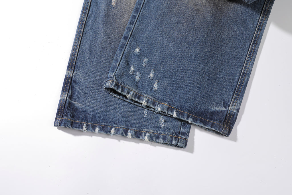Men's Baggy Wide Leg Jeans - Vintage Dark Blue Sand Wash Distressed Denim