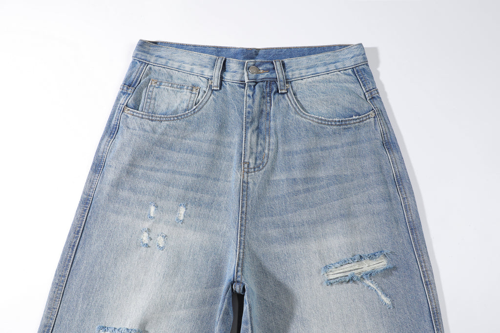 Men's Baggy Wide Leg Jeans - Vintage Light Wash Distressed Ripped Denim