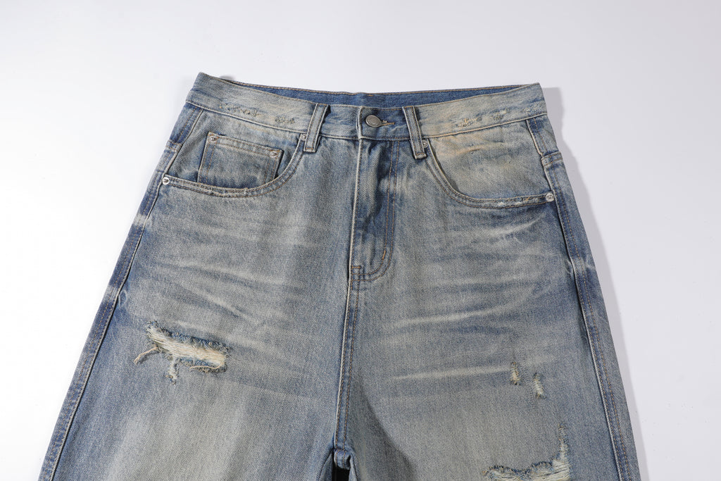Men's Baggy Wide Leg Jeans - Vintage Mid Wash Distressed Destroyed Denim