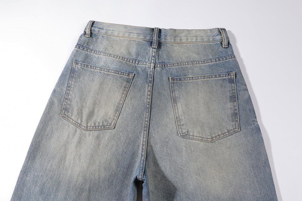 Men's Baggy Wide Leg Jeans - Vintage Mid Wash Distressed Destroyed Denim