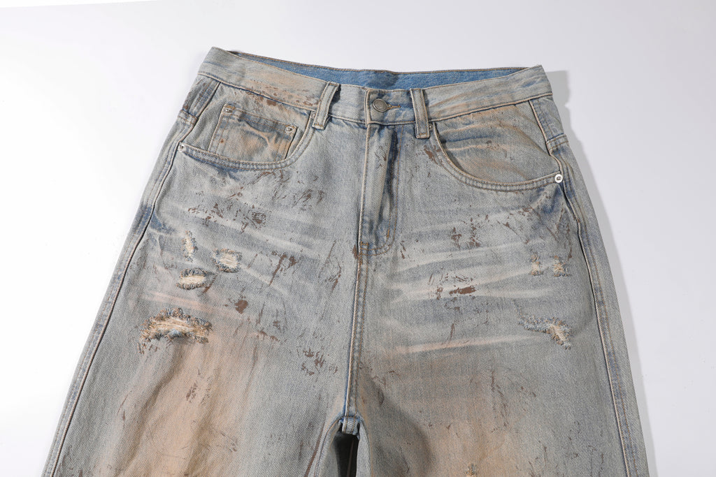 Men's Baggy Wide Leg Jeans - Vintage Mud Wash Distressed Splatter Paint Denim
