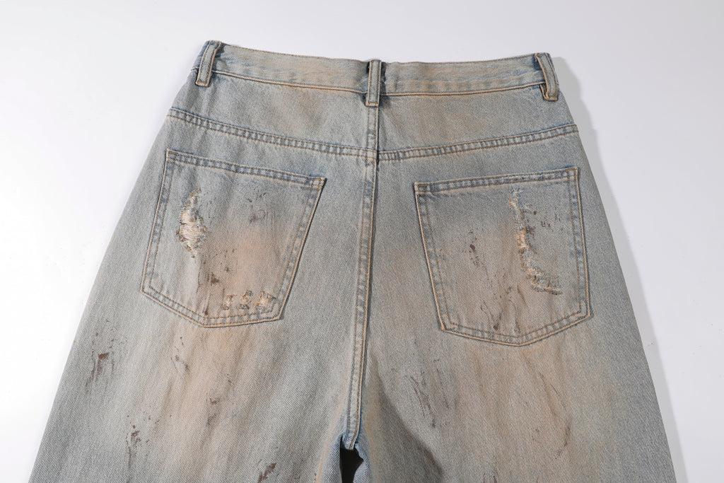 Men's Baggy Wide Leg Jeans - Vintage Mud Wash Distressed Splatter Paint Denim