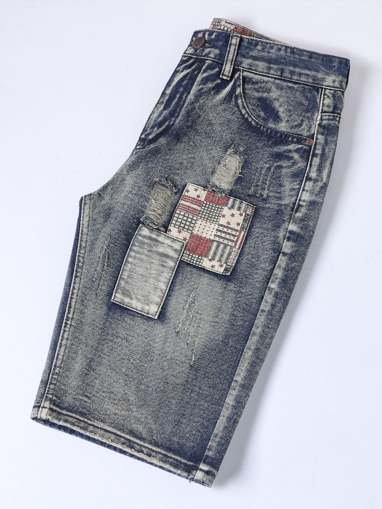 Men's Vintage Washed Denim Shorts - Distressed Patchwork Jean Shorts with Star Print Patches
