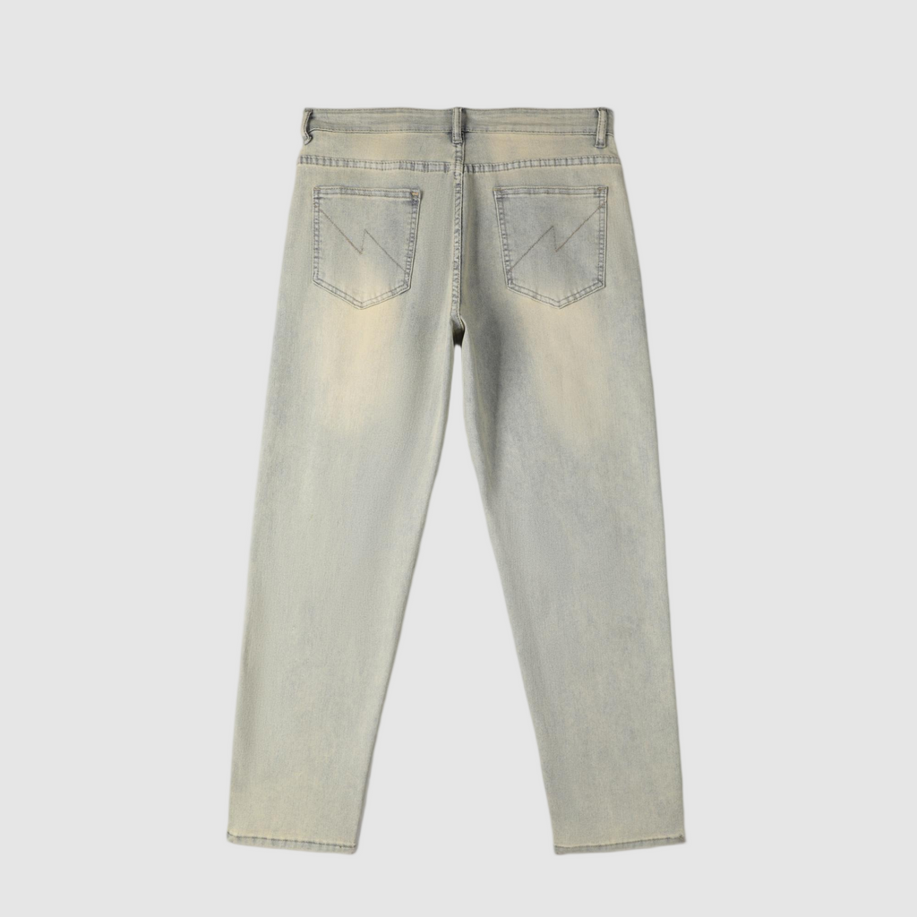 Men's Tapered Jeans - Vintage Sand Wash Distressed Patch Denim
