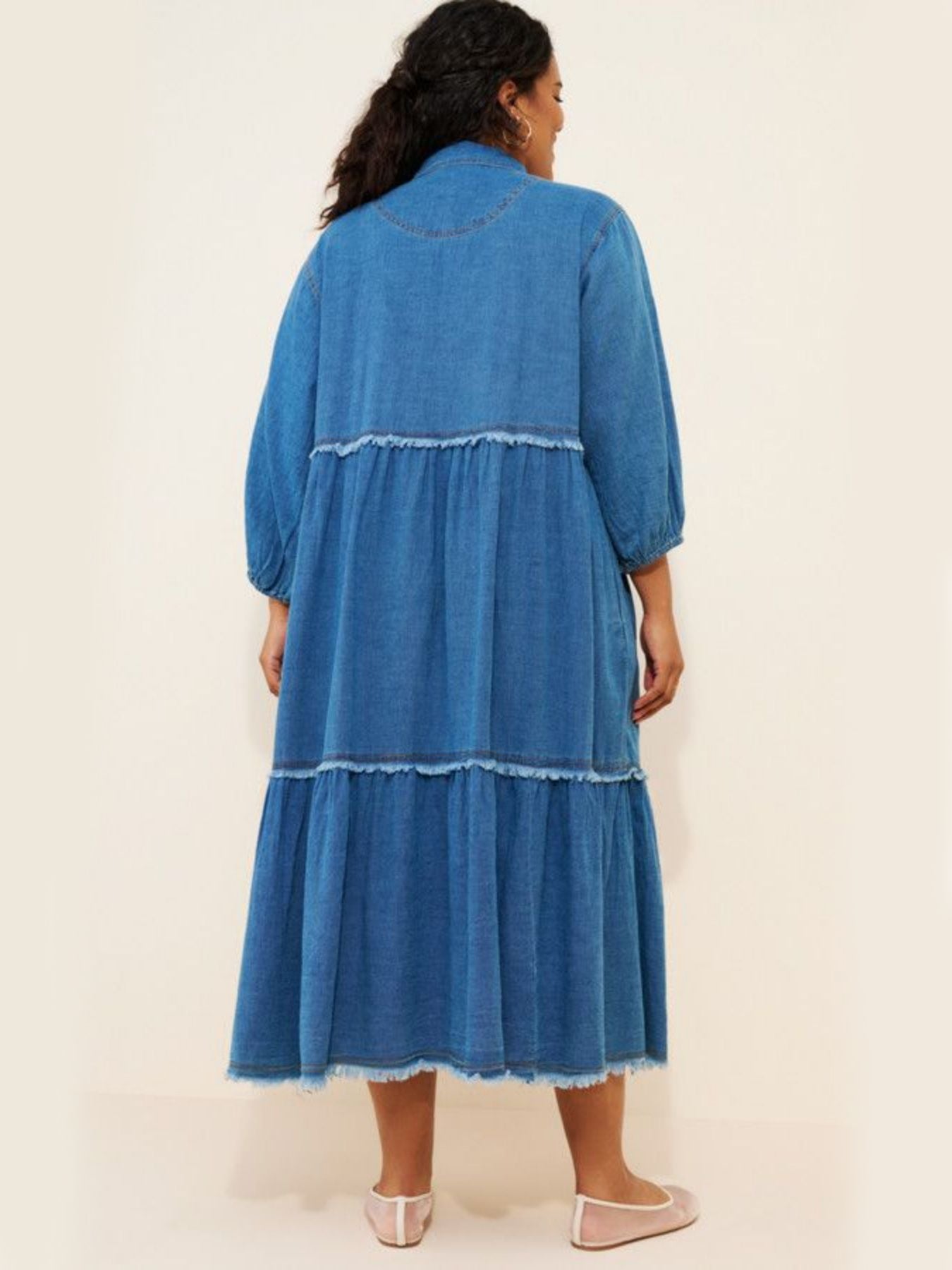 Plus Size Women Frayed Tiered Denim Midi Dress Collar Half Button 3/4 Puff Sleeve Loose Casual Babydoll Jean Dress For Curvy Figures