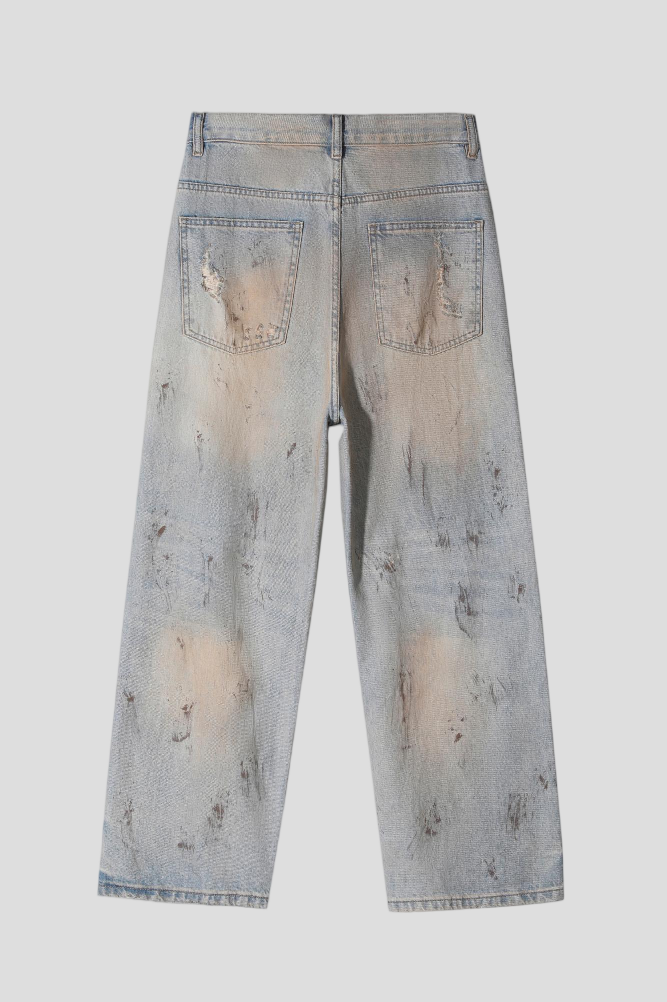 Men's Baggy Wide Leg Jeans - Vintage Mud Wash Distressed Splatter Paint Denim