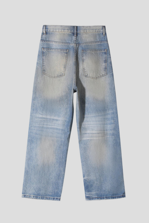 Men's Baggy Wide Leg Jeans - Vintage Mid Wash Distressed Destroyed Denim