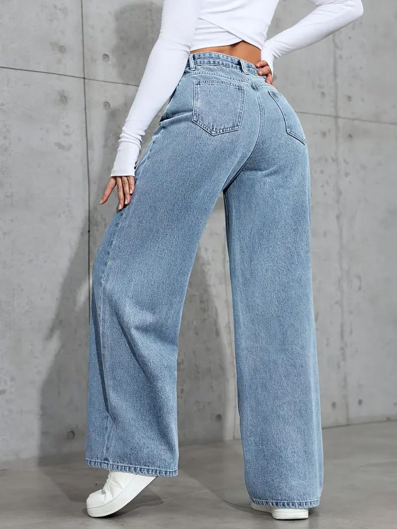 Plus Size Light Blue Rhinestone Wide Leg Jeans | High Waisted Baggy Denim Pants for Women