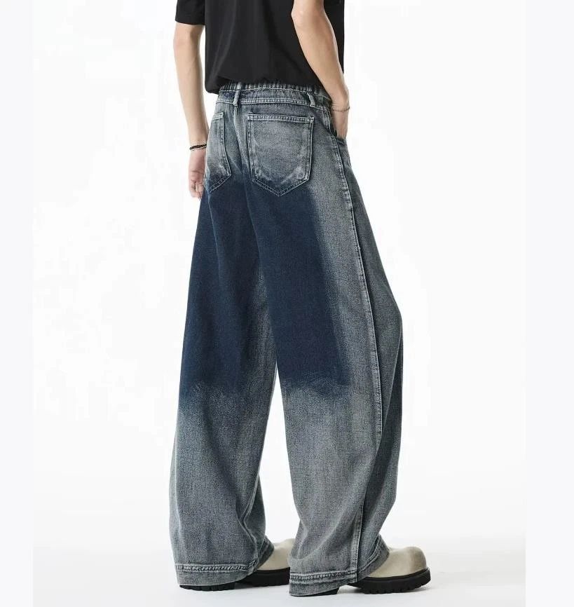 Two-Tone Washed Baggy Jeans | Blue Gradient Wide Leg Denim Pants with Adjustable Waist