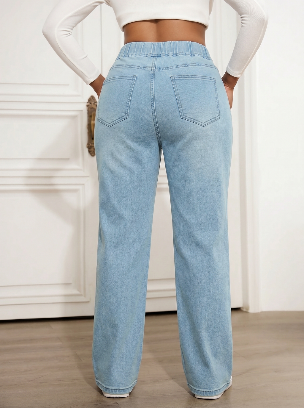 PLUS SIZE Women Elastic High Waist Drawstring Stretch Straight Leg Jeans Casual Loose Fit Light & Dark Wash Soft Denim Jogger Pants With Pockets