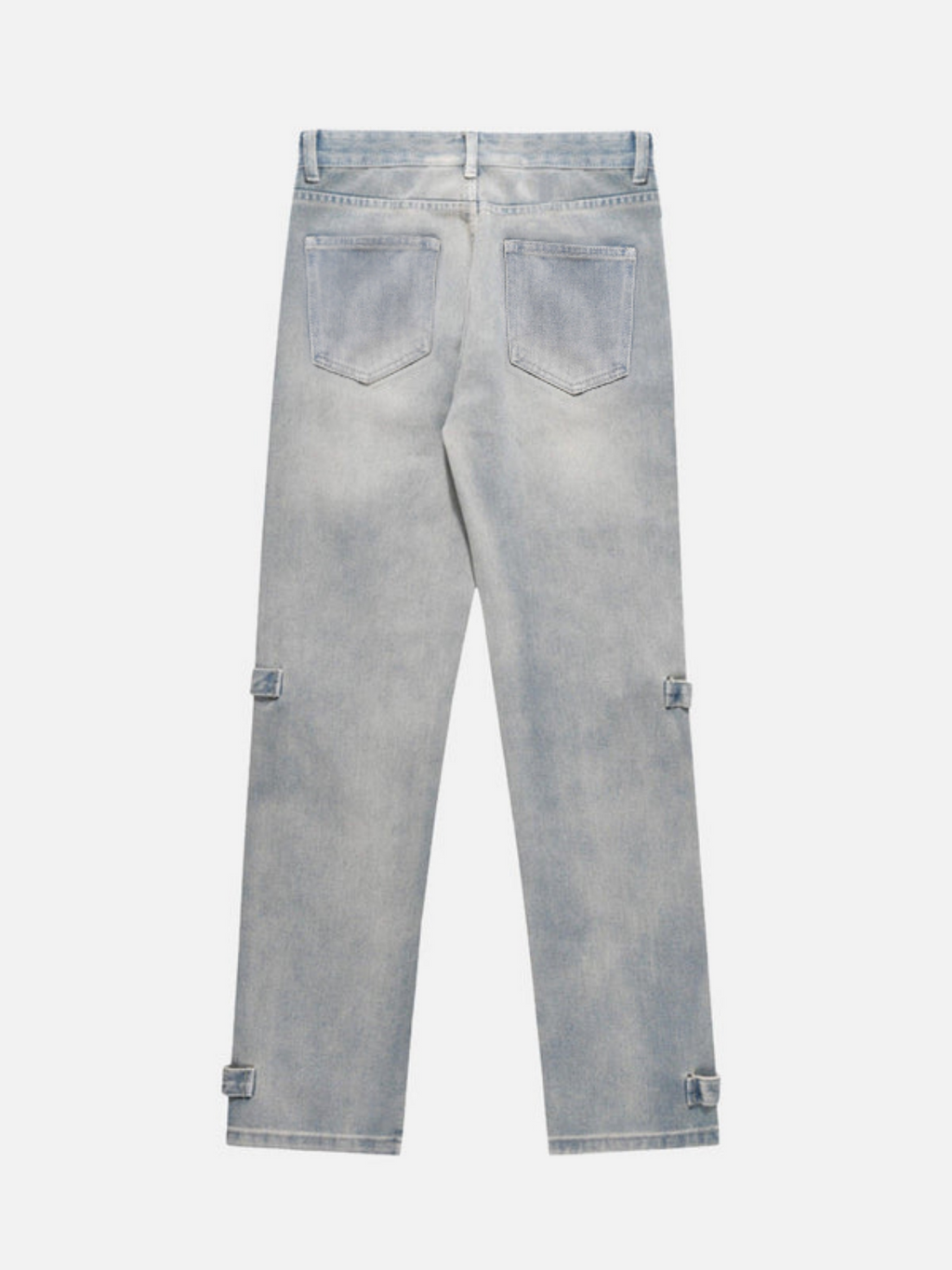 Light Blue Washed Zipper Straight Jeans | Adjustable Strap Relaxed Fit Denim Pants