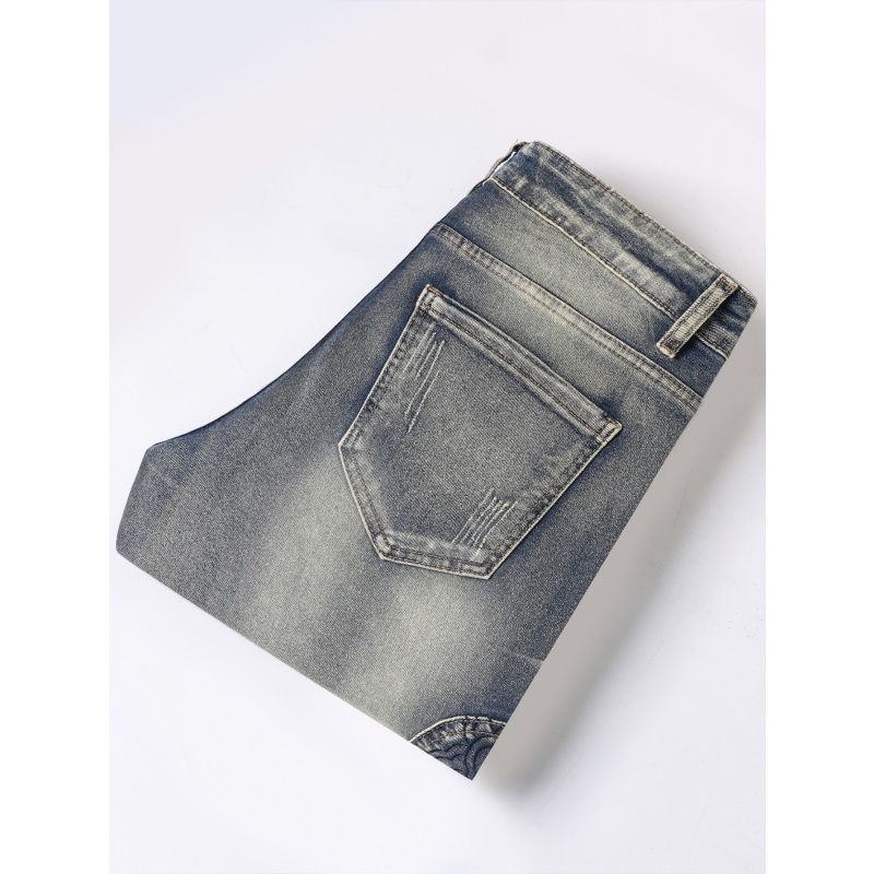 Men's Vintage Washed Biker Jeans - Slim Straight Leg with Patterned Patchwork & Zipper Detail