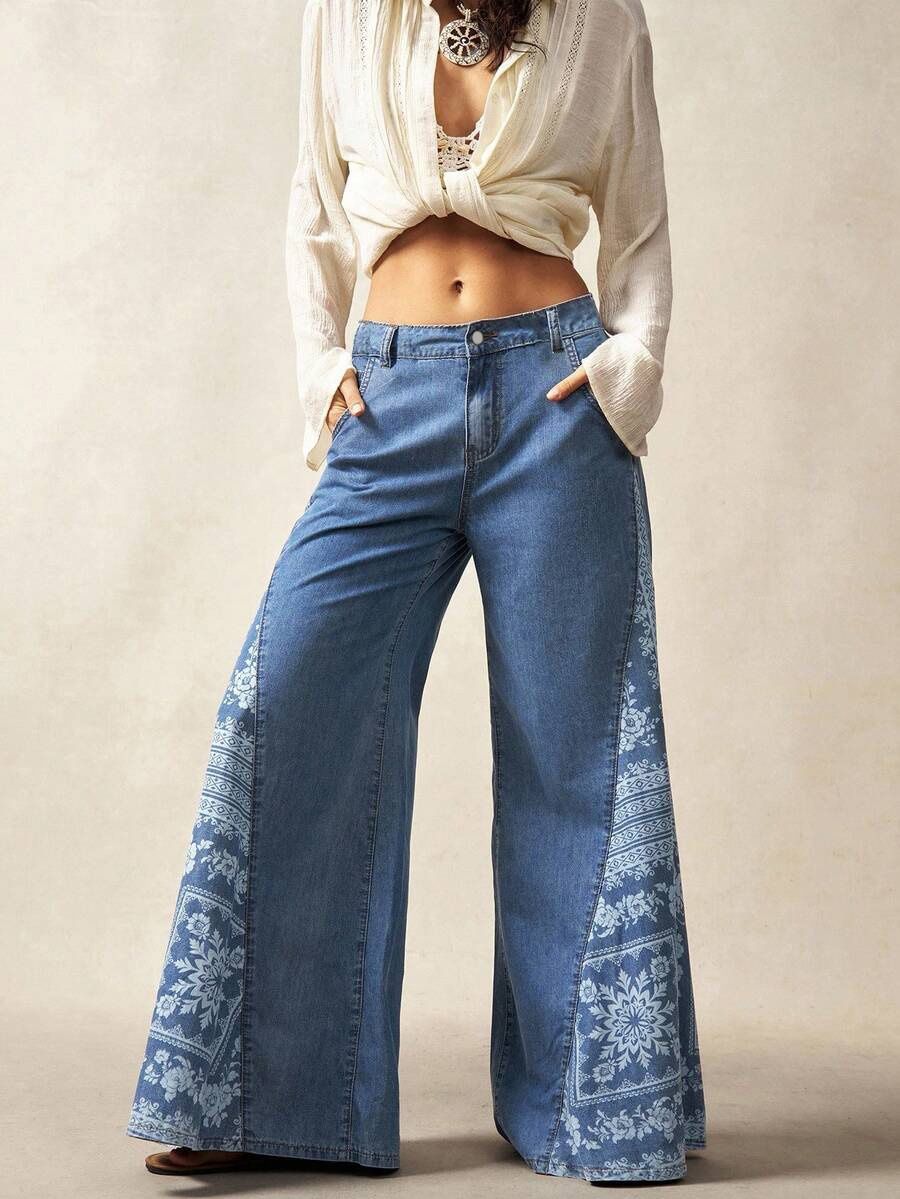 PLUS SIZE Women Boho Floral Bandana Print Patchwork Flare Jeans Light Wash High Waist Wide Leg Bell Bottom Denim Pants