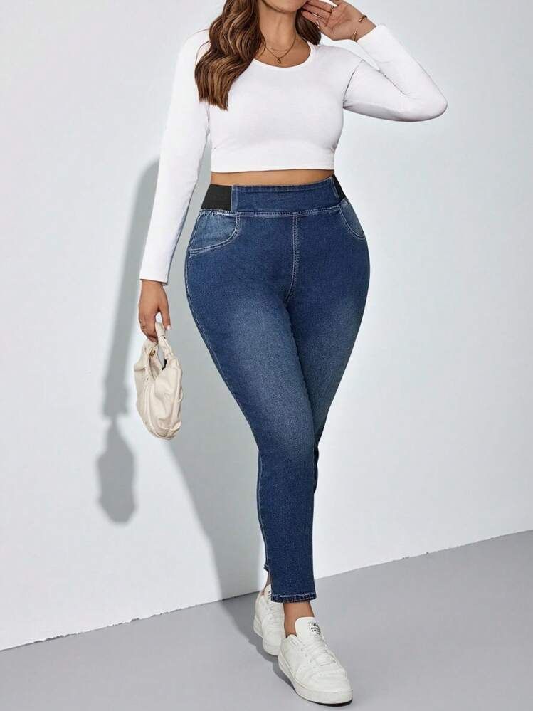 Plus Size Women High Waist Elastic Side Band Skinny Ankle Jeans Dark Blue Stretch Washed Cropped Denim Pants For Curvy Figures