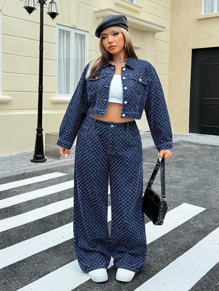 Plus Size Women All Over Monogram Print Denim Two Piece Outfit Cropped Button Down Jacket Wide Leg Loose Jeans Matching Set Streetwear