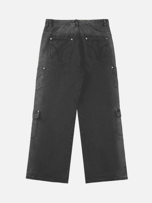 Black Detachable Cargo Jeans | Multi-Pocket Wide Leg Denim Pants with Zipper Cut