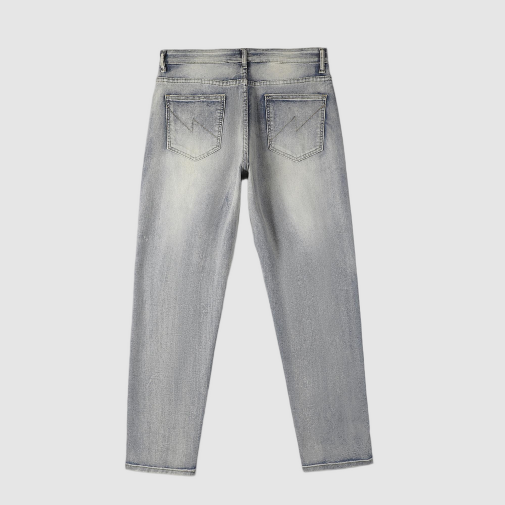 Men's Tapered Jeans - Vintage Sand Wash Distressed Patch Denim