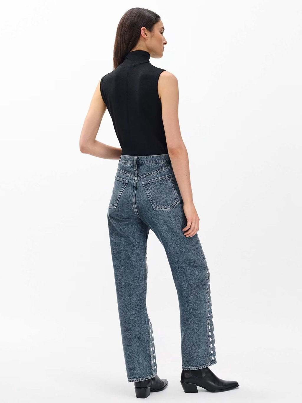 Dark Wash Studded Straight Leg Jeans | High Waisted Rivet Embellished Denim Pants