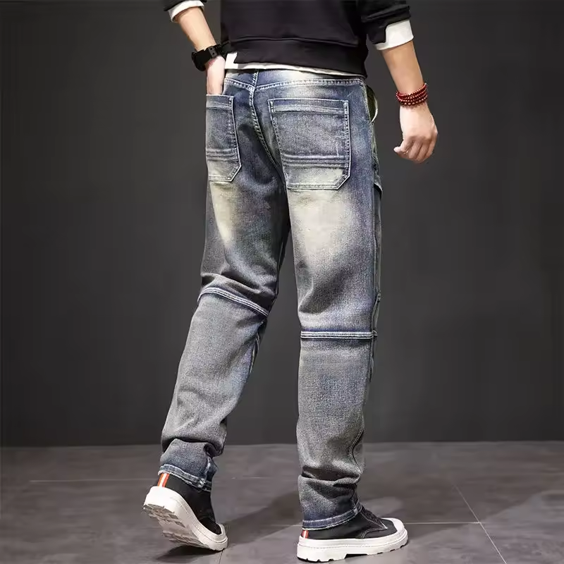 Vintage Washed Biker Cargo Jeans | Distressed Straight Leg Denim Pants for Men