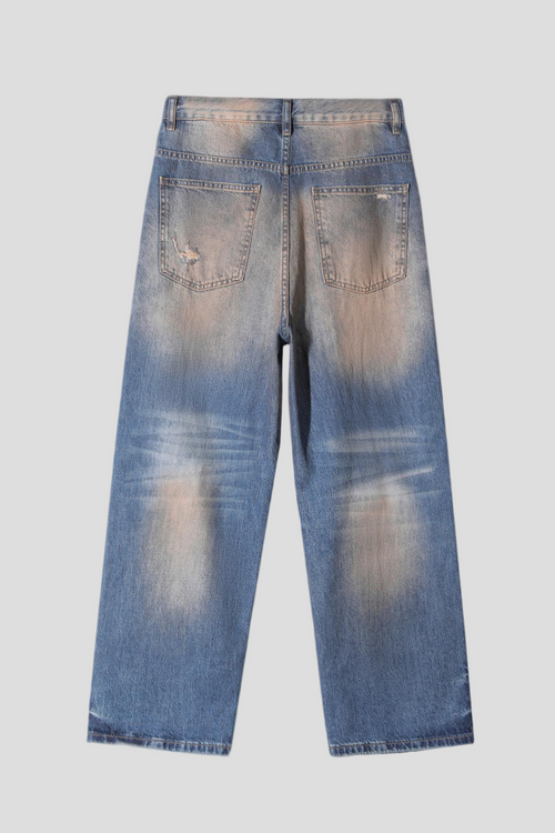 Men's Baggy Wide Leg Jeans - Vintage Dark Blue Sand Wash Distressed Denim