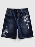 Men's Dark Wash Baggy Denim Shorts - Jorts with Leaf Embroidery Streetwear Detail