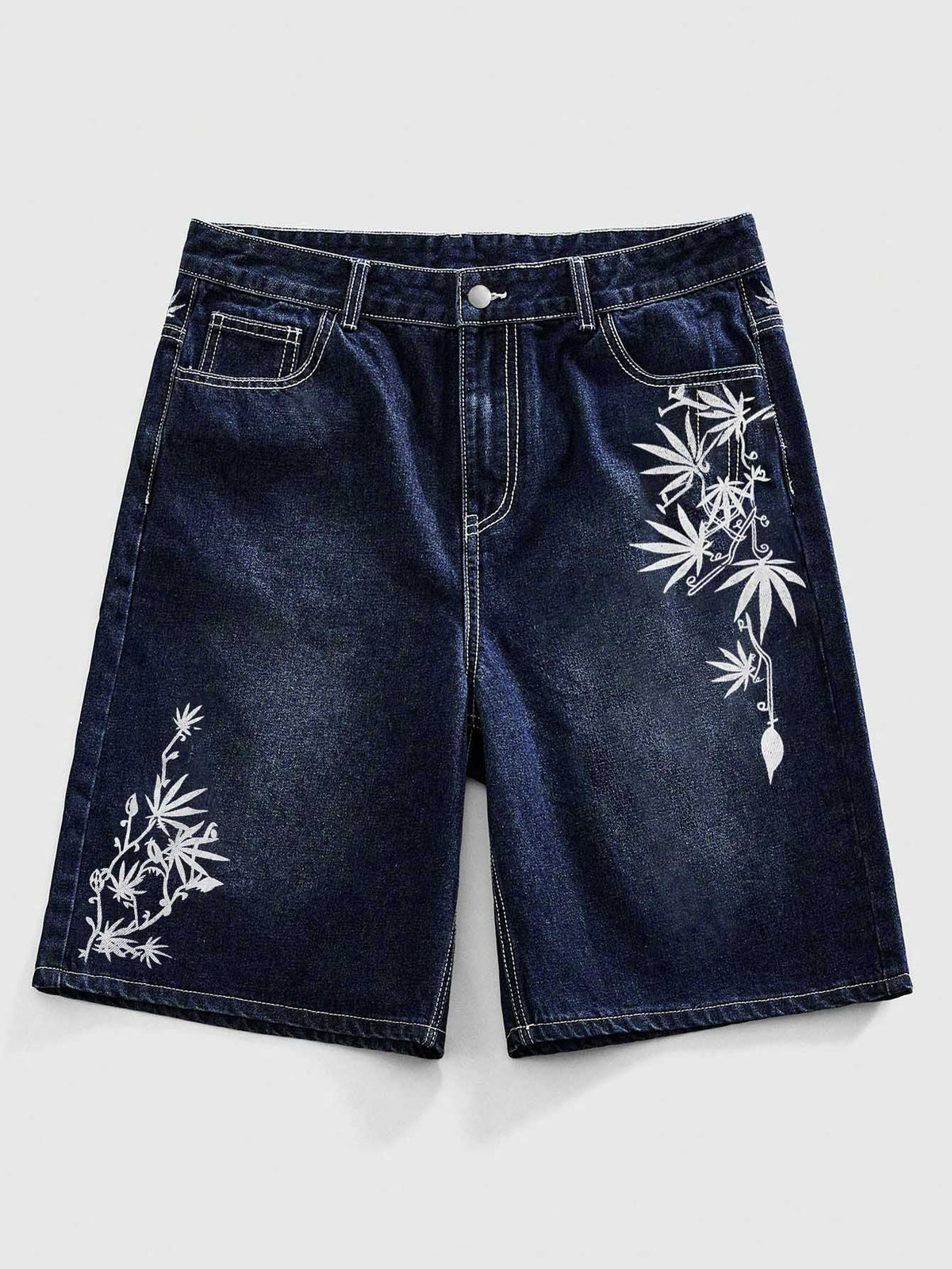 Men's Dark Wash Baggy Denim Shorts - Jorts with Leaf Embroidery Streetwear Detail
