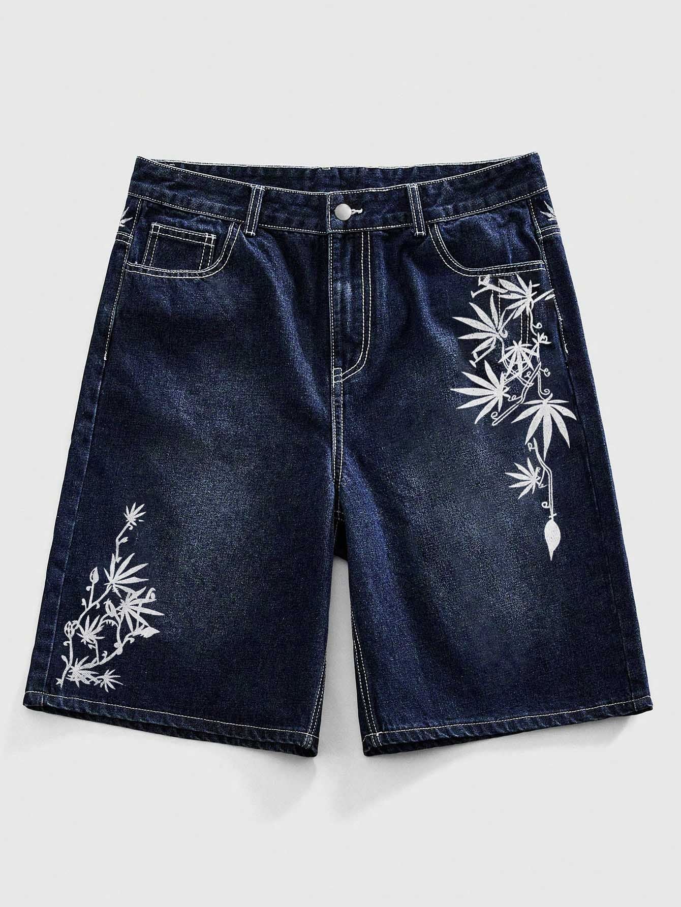 Men's Dark Wash Baggy Denim Shorts - Jorts with Leaf Embroidery Streetwear Detail