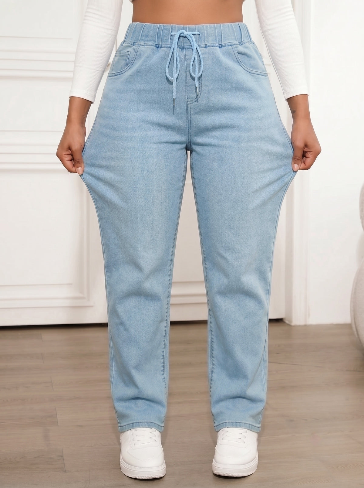 PLUS SIZE Women Elastic High Waist Drawstring Stretch Straight Leg Jeans Casual Loose Fit Light & Dark Wash Soft Denim Jogger Pants With Pockets