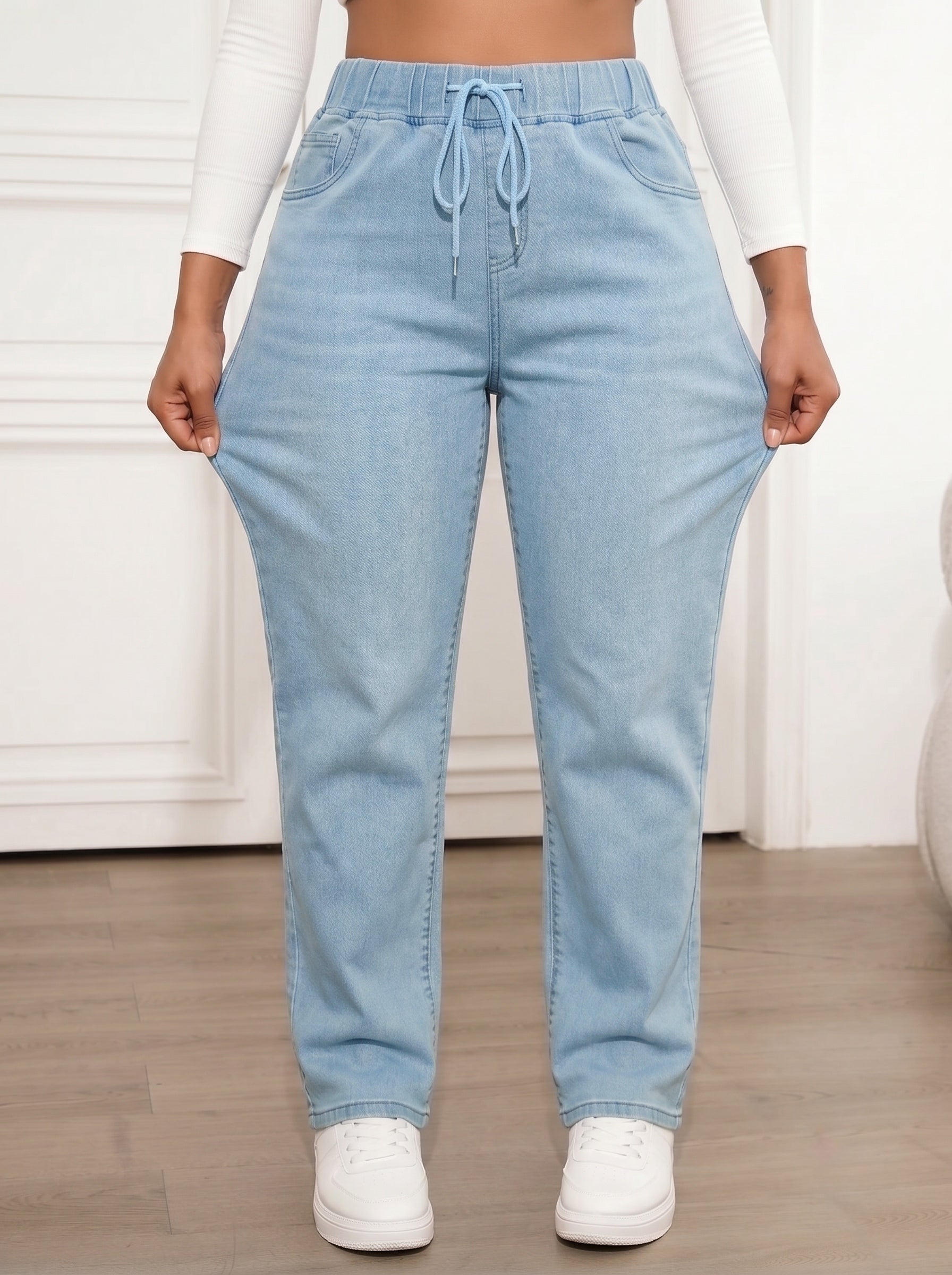 PLUS SIZE Women Elastic High Waist Drawstring Stretch Straight Leg Jeans Casual Loose Fit Light & Dark Wash Soft Denim Jogger Pants With Pockets