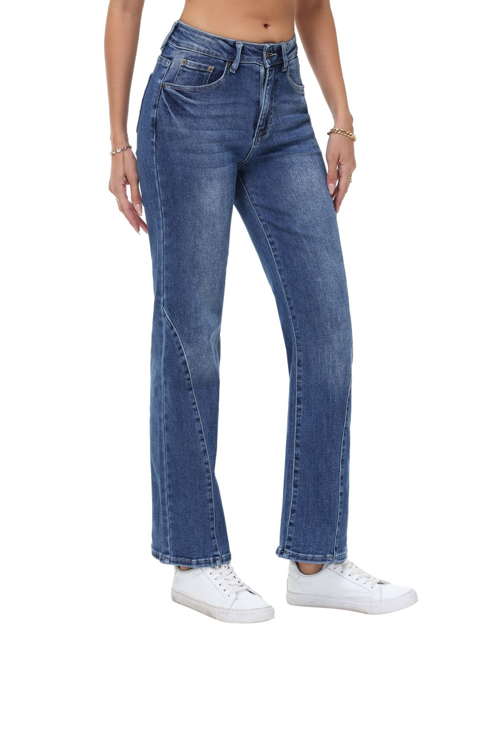 Women's High Waisted Straight Leg Jeans - Mid Blue Wash Casual Stretch Denim Pants