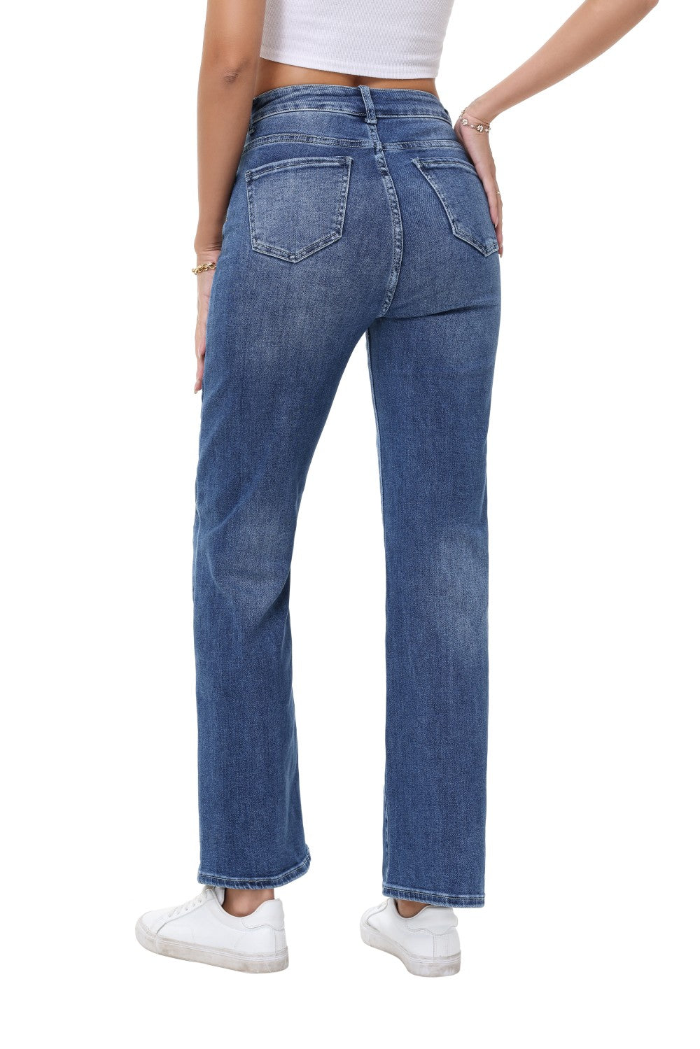 Women's High Waisted Straight Leg Jeans - Mid Blue Wash Casual Stretch Denim Pants