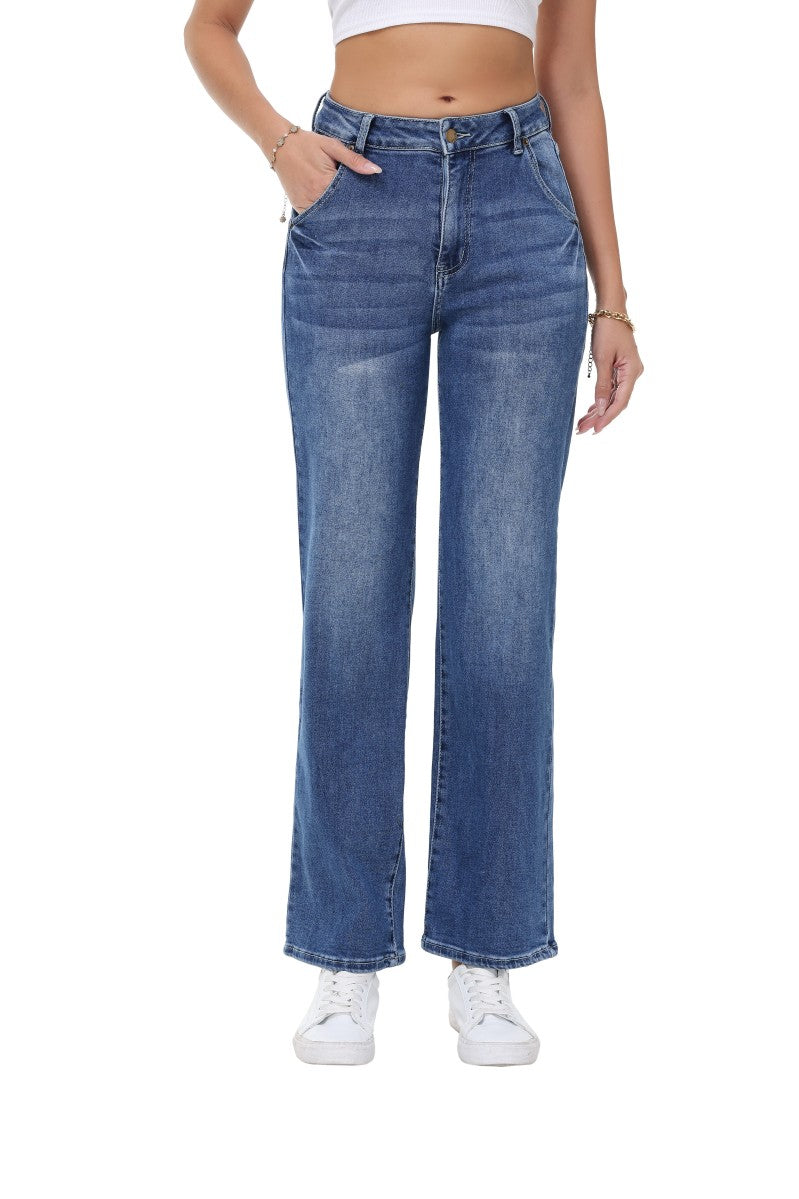 Women's High Waisted Straight Leg Jeans - Classic Blue Wash Casual Denim Pants