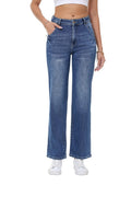 Women's High Waisted Straight Leg Jeans - Classic Blue Wash Casual Denim Pants