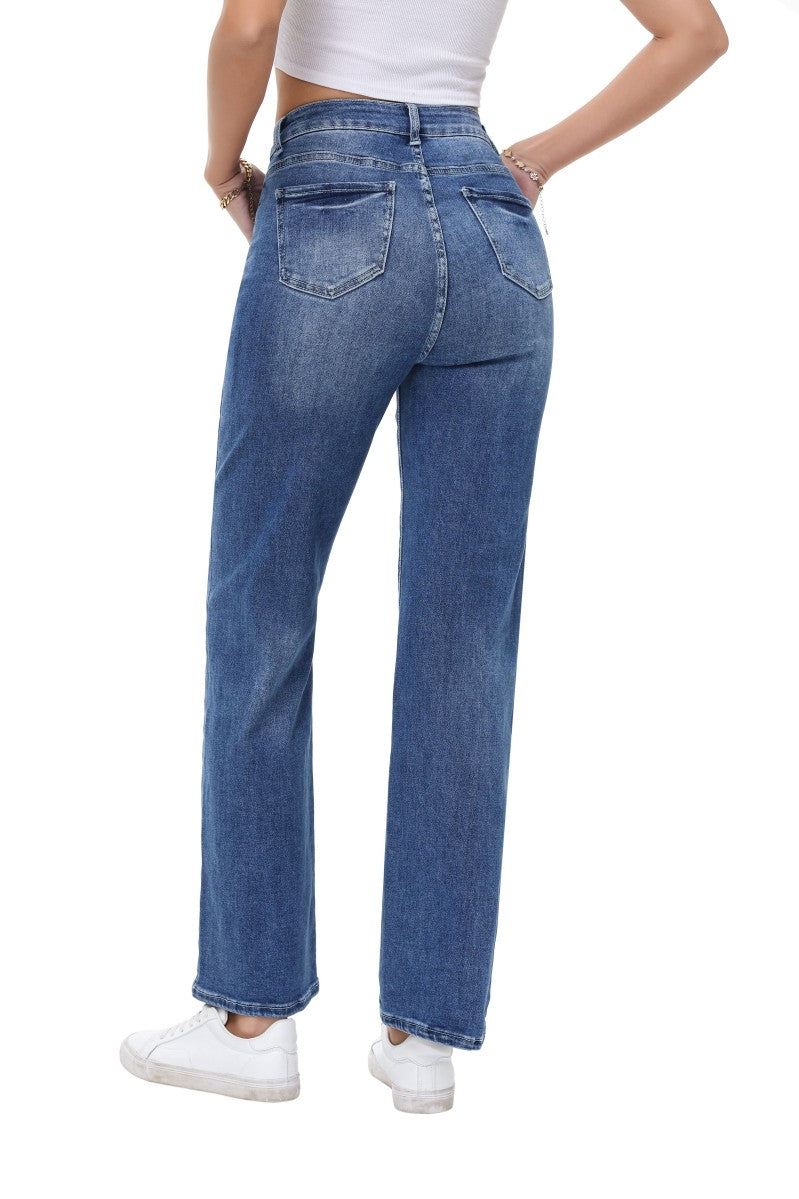 Women's High Waisted Straight Leg Jeans - Classic Blue Wash Casual Denim Pants
