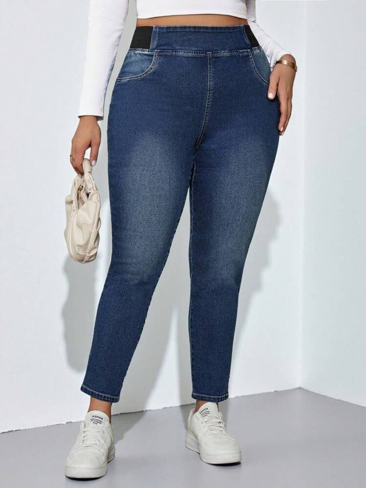 Plus Size Women High Waist Elastic Side Band Skinny Ankle Jeans Dark Blue Stretch Washed Cropped Denim Pants For Curvy Figures