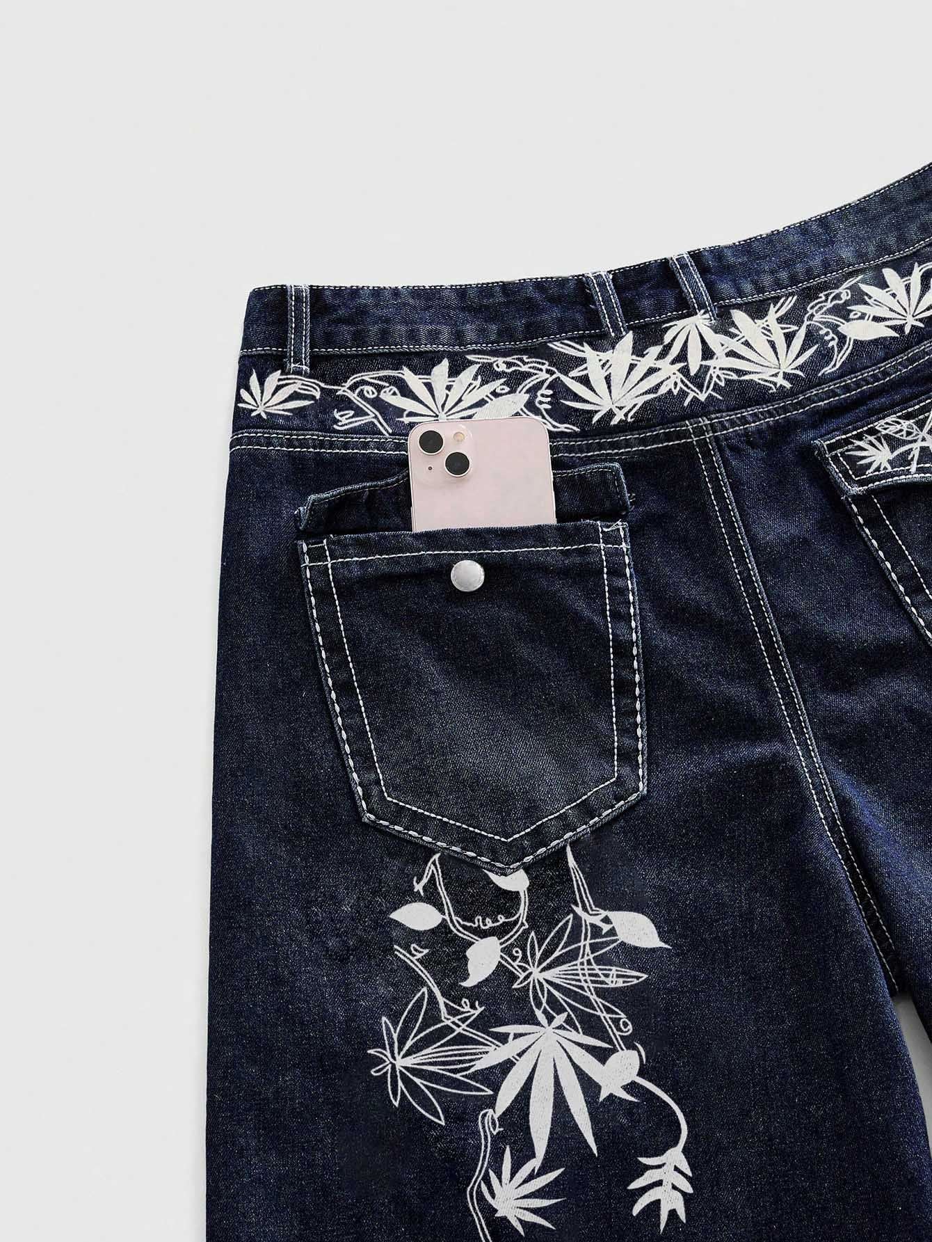 Men's Dark Wash Baggy Denim Shorts - Jorts with Leaf Embroidery Streetwear Detail