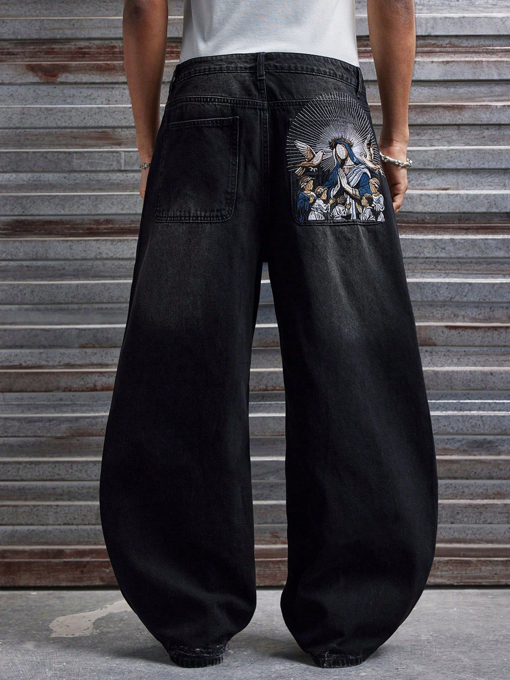 Men's Black Washed Baggy Jeans - Wide Leg Denim Pants with Religious Embroidery Detail