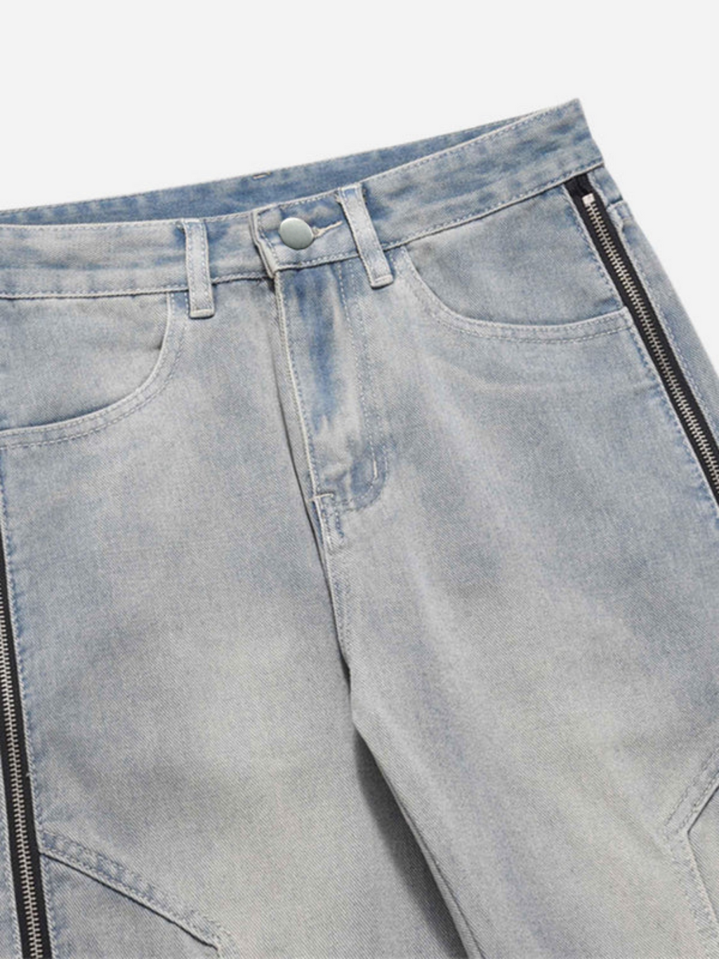 Light Blue Washed Zipper Straight Jeans | Adjustable Strap Relaxed Fit Denim Pants