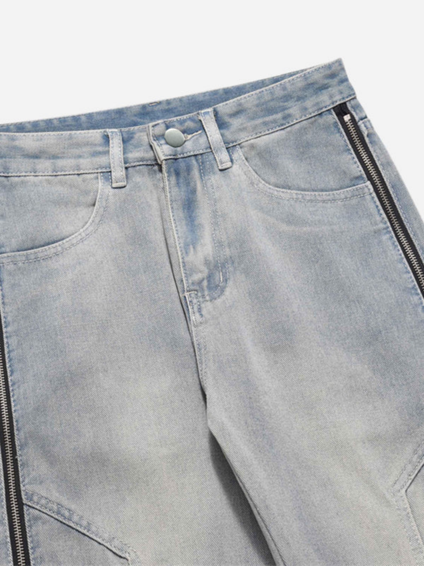 Light Blue Washed Zipper Straight Jeans | Adjustable Strap Relaxed Fit Denim Pants