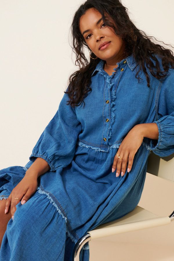Plus Size Women Frayed Tiered Denim Midi Dress Collar Half Button 3/4 Puff Sleeve Loose Casual Babydoll Jean Dress For Curvy Figures