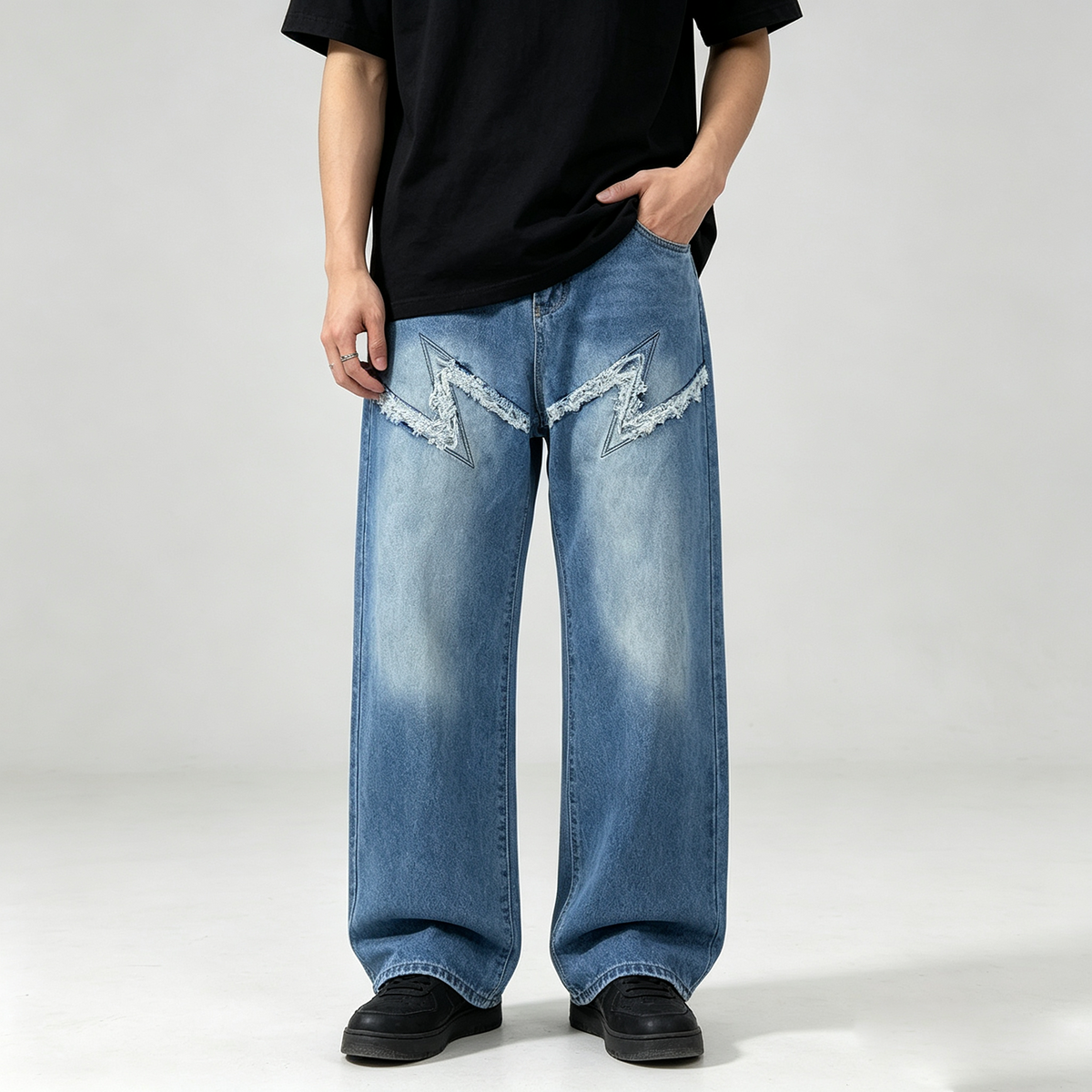 Men's Light Wash Straight Leg Jeans - Loose Fit Denim Pants with Lightning Bolt Frayed Patchwork