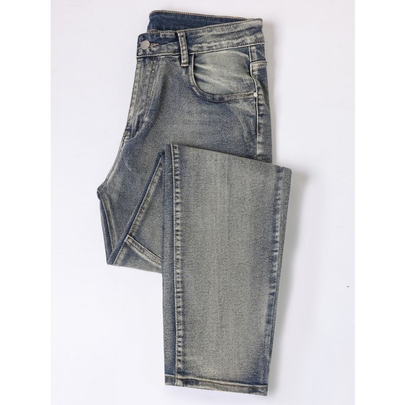 Men's Vintage Washed Biker Jeans - Slim Straight Leg with Patterned Patchwork & Zipper Detail