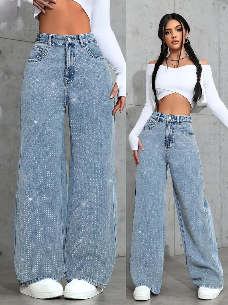 Plus Size Light Blue Rhinestone Wide Leg Jeans | High Waisted Baggy Denim Pants for Women