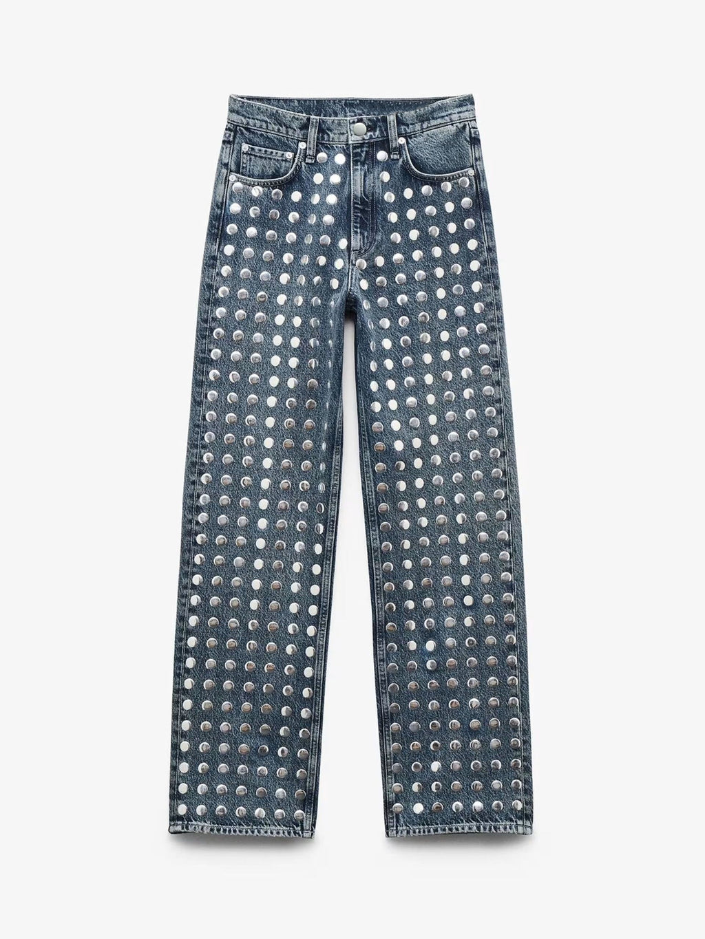 Dark Wash Studded Straight Leg Jeans | High Waisted Rivet Embellished Denim Pants