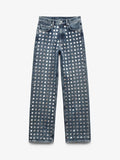 Dark Wash Studded Straight Leg Jeans | High Waisted Rivet Embellished Denim Pants
