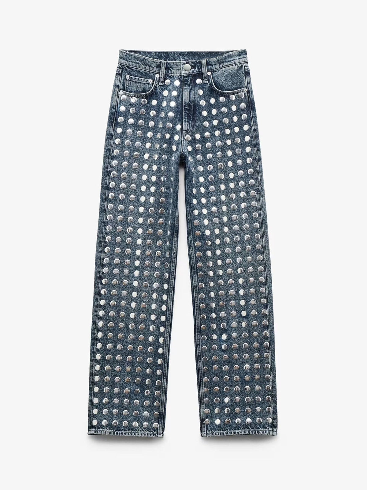 Dark Wash Studded Straight Leg Jeans | High Waisted Rivet Embellished Denim Pants