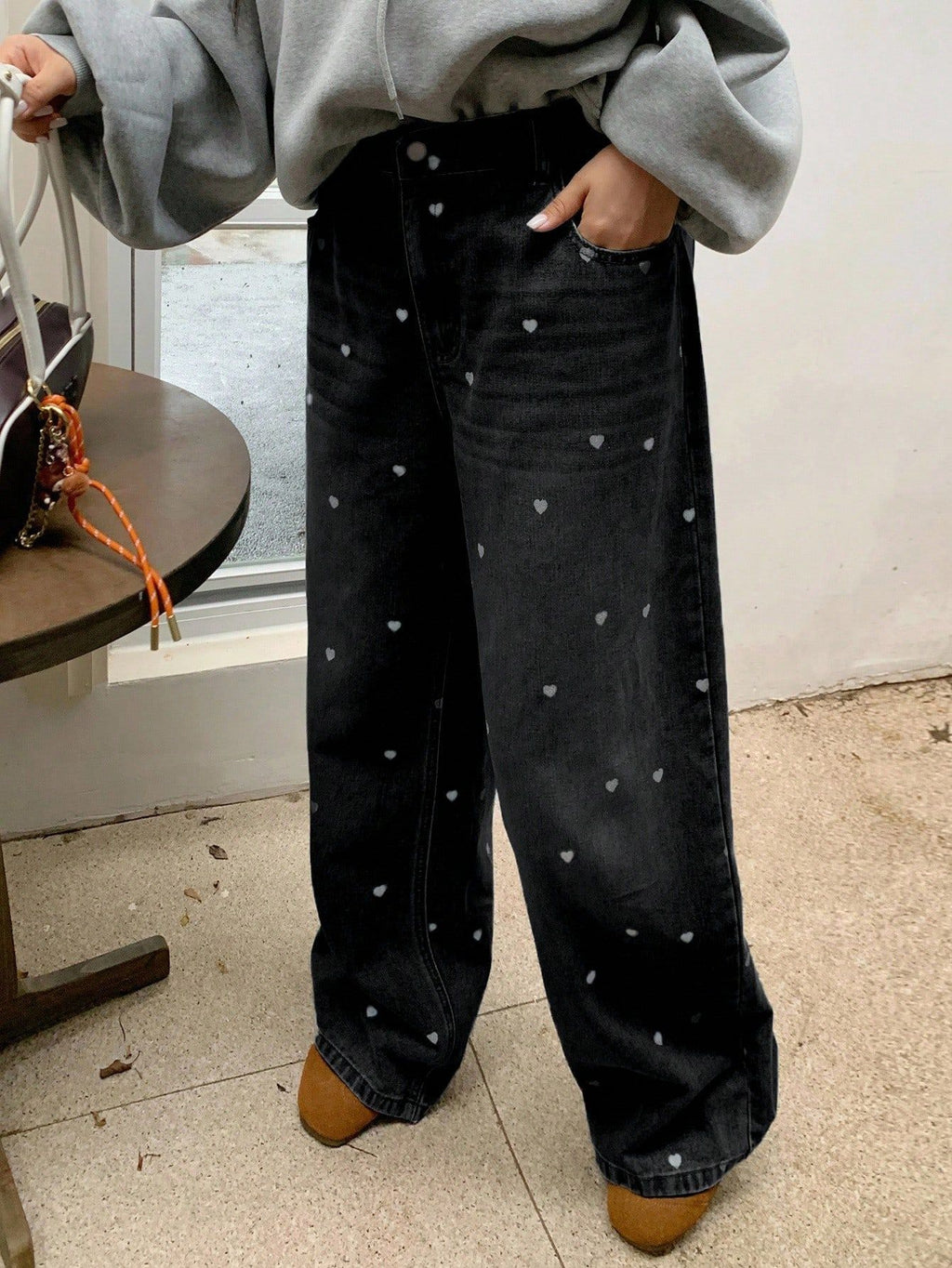 Plus Size Women All Over Heart Print Black Washed Wide Leg Jeans High Waist Loose Baggy Floor Length Casual Streetwear Denim Pants For Curvy Figures